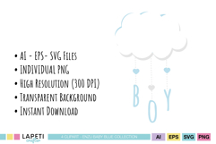 White nursery cloud mobile with blue hearts and hanging boy letters