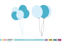 Cluster of blue and turquoise balloons with light blue strings