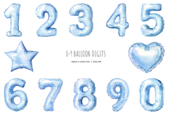 Watercolor balloon numbers clipart. Blue 0-9 balloon digits Product Image 2