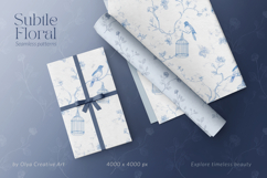 Blue Bird Garden floral blue toile seamless patterns with delicate birds, vintage cages, and subtle florals in elegant blue tones for fabric, textile, and surface design 