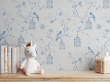 Blue Bird Garden floral blue toile seamless patterns with delicate birds, vintage cages, and subtle florals in elegant blue tones for fabric, textile, and surface design 