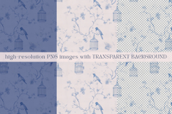 Blue Bird Garden floral blue toile seamless patterns with delicate birds, vintage cages, and subtle florals in elegant blue tones for fabric, textile, and surface design 