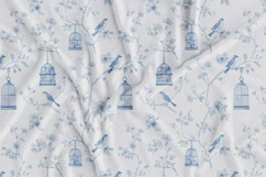 Blue Bird Garden floral blue toile seamless patterns with delicate birds, vintage cages, and subtle florals in elegant blue tones for fabric, textile, and surface design 