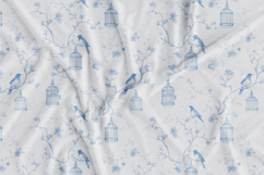 Blue Bird Garden floral blue toile seamless patterns with delicate birds, vintage cages, and subtle florals in elegant blue tones for fabric, textile, and surface design 
