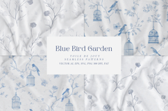 Blue Bird Garden floral blue toile seamless patterns with delicate birds, vintage cages, and subtle florals in elegant blue tones for fabric, textile, and surface design 
