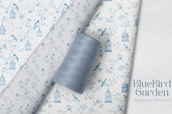 Blue Bird Garden floral blue toile seamless patterns with delicate birds, vintage cages, and subtle florals in elegant blue tones for fabric, textile, and surface design 