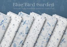 Blue Bird Garden floral blue toile seamless patterns with delicate birds, vintage cages, and subtle florals in elegant blue tones for fabric, textile, and surface design 