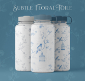 Blue Bird Garden floral blue toile seamless patterns with delicate birds, vintage cages, and subtle florals in elegant blue tones for fabric, textile, and surface design 