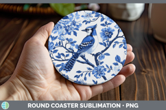 GorgeousBlue Chinoiserie Birds Round Coaster design.
