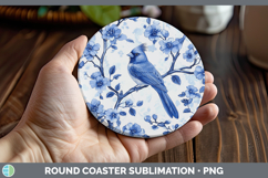 GorgeousBlue Chinoiserie Birds Round Coaster design.