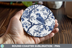 GorgeousBlue Chinoiserie Birds Round Coaster design.