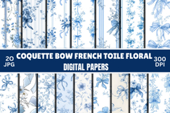 Blue Coquette Bow French Toile Floral Digital Paper Product Image 1