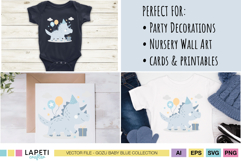 Blue dinosaur birthday clipart displayed on baby onesie and T-shirt, ideal for party invitations and decorations.