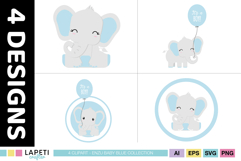 Cute blue elephant graphics for baby shower stationery and printable decor