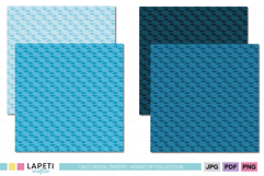Preview of blue digital papers featuring repeating fish silhouettes in light blue, turquoise, navy and dark blue, perfect for ocean themed crafts.