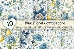 Blue Floral Cottagecore Digital Paper, Seamless Watercolor Botanical Pattern Pack, Printable Scrapbook Paper, Vintage Hydrangea Design Bundle