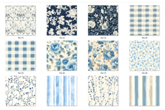 Blue Floral Gingham Toile Digital Paper Pack Scrapbook Set Product Image 5