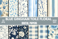 Blue Floral Gingham Toile Digital Paper Pack Scrapbook Set Product Image 1