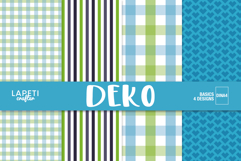 Blue green party paper backgrounds for invitations and favor tags.
