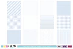 Preview of 12 blue digital papers in clean pastel tones including stripes, dots, diamonds, and grids from the Miniku collection.