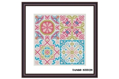 Blue pink square sampler ornaments cross stitch pattern - Tango Stitch