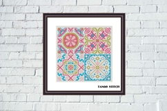 Blue pink square sampler ornaments cross stitch pattern - Tango Stitch