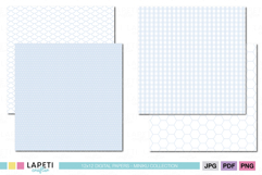Blue digital papers with polka dot, fish scale, hexagon, and gingham patterns, elegant and modern backgrounds for print or digital use.