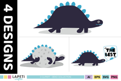 Dark navy stegosaurus with bright blue back plates and a playful smile