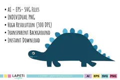 Friendly dark blue stegosaurus with light blue back plates and playful details for children's photo albums and memory keeping.
