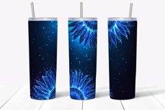 Sunflower tumbler wrap sublimation design with glowing blue flowers on dark blue background.  Straight and tapered walls 20 oz skinny tumbler full wrap png files for download.