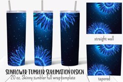 Sunflower tumbler wrap sublimation design with glowing blue flowers on dark blue background.  Straight and tapered walls 20 oz skinny tumbler full wrap png files for download.