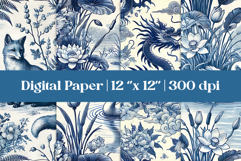 Digital Paper Blue Toile Chinoiserie | Elegant Backgrounds Product Image 1
