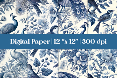 Digital Paper Blue Toile Chinoiserie | Elegant Backgrounds Product Image 1