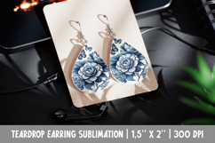 Peony Earring Sublimation | Blue Toile Floral Teardrop PNG Product Image 1