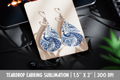Peacock Earring Sublimation Blue Toile Floral Bird Teardrop Product Image 1