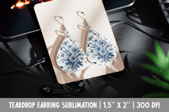 Daisy Earring Sublimation | Blue Toile Floral Teardrop PNG Product Image 1