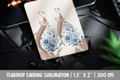Daisy Earring Sublimation | Blue Toile Floral Teardrop PNG Product Image 1