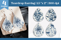 Blue Toile Chinoiserie Teardrop Earring Sublimation PNG Product Image 1