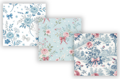 Blue Toile Digital Paper, Coquette Bow Patterns, Preppy Backgrounds, Baby Shower, Digital Scrapbooking, Blue &amp; White Printable Paper Set