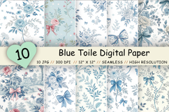 Blue Toile Digital Paper, Coquette Bow Patterns, Preppy Backgrounds, Baby Shower, Digital Scrapbooking, Blue &amp; White Printable Paper Set