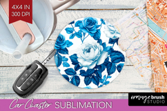 Blue Toile Flowers Car Coaster - Chinoiserie Coaster PNG Product Image 1
