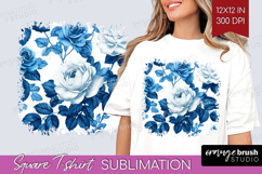 Blue Toile Flowers Square Tshirt Background - Chinoiserie Product Image 1