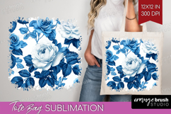 Blue Toile Flowers Tote Bag - Chinoiserie Tote Bag PNG Product Image 1
