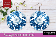 Blue Toile Flowers Round Earrings - Chinoiserie PNG Product Image 1