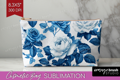 Blue Toile Flowers Cosmetic Bag - Chinoiserie Makeup Bag PNG Product Image 1
