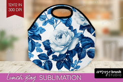 Blue Toile Flowers Lunch Bag - Chinoiserie Lunch Bug PNG Product Image 1