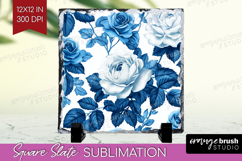 Blue Toile Flowers Slate PNG - Chinoiserie Square Slate Product Image 1