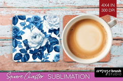 Blue Toile Flowers Square Coaster - Chinoiserie Coaster PNG Product Image 1