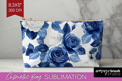 Blue Toile Flowers Cosmetic Bag - Chinoiserie Makeup Bag PNG Product Image 1