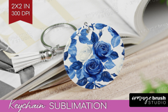 Blue Toile Flowers Keychain PNG - Chinoiserie Keychain Product Image 1